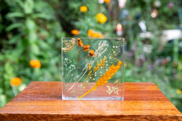 Wedding bouquet preservation resin keepsake with yellow florals