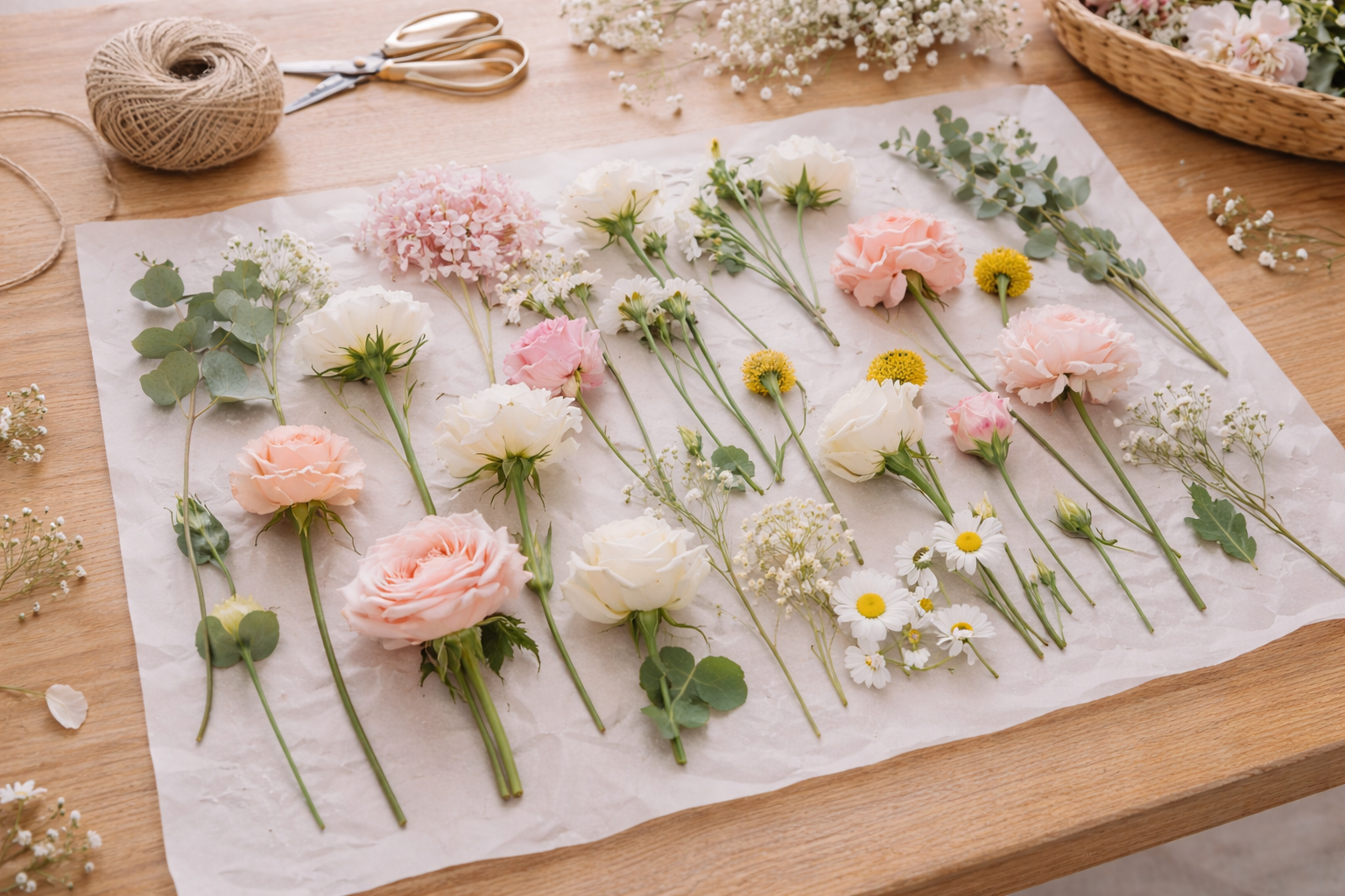 flower-preservation-process.jpg flower preservation process with flowers laid out drying on a wood surface